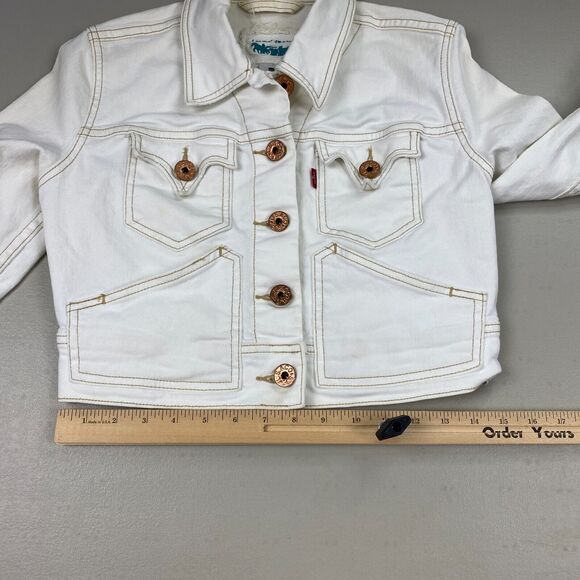 Vtg Levi’s Cropped Jean Jacket Womens Medium Beige Stretch Denim Trucker Y2K - Picture 15 of 16